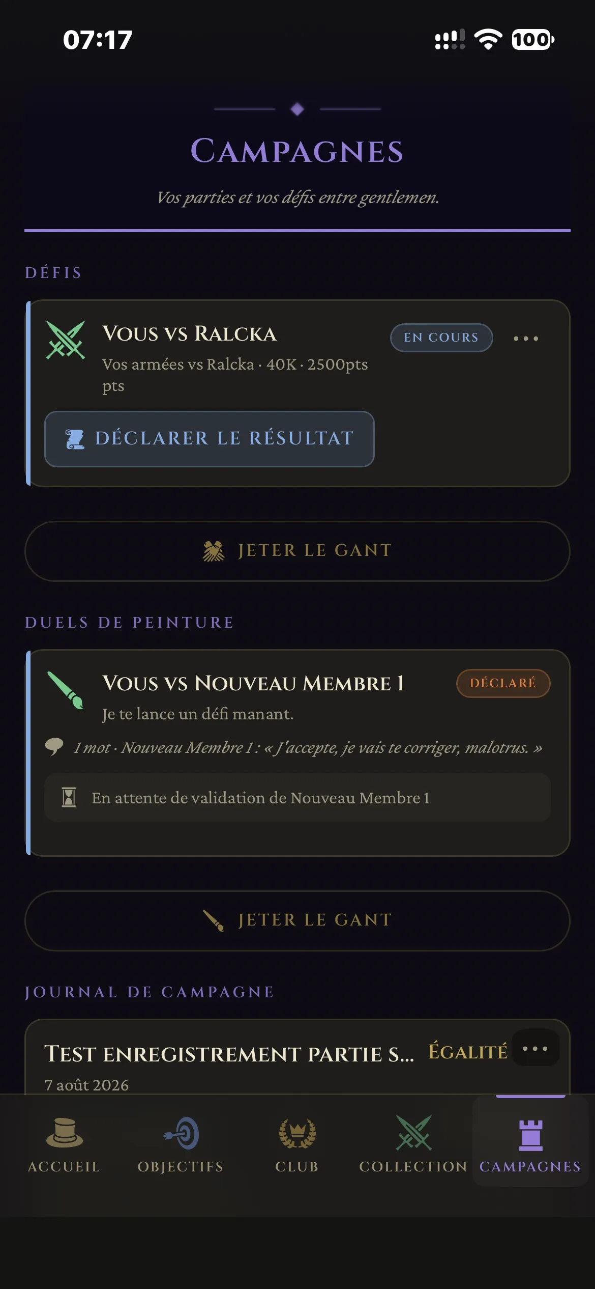 Écran des Campagnes : un défi en cours, un duel de peinture et le journal de campagne