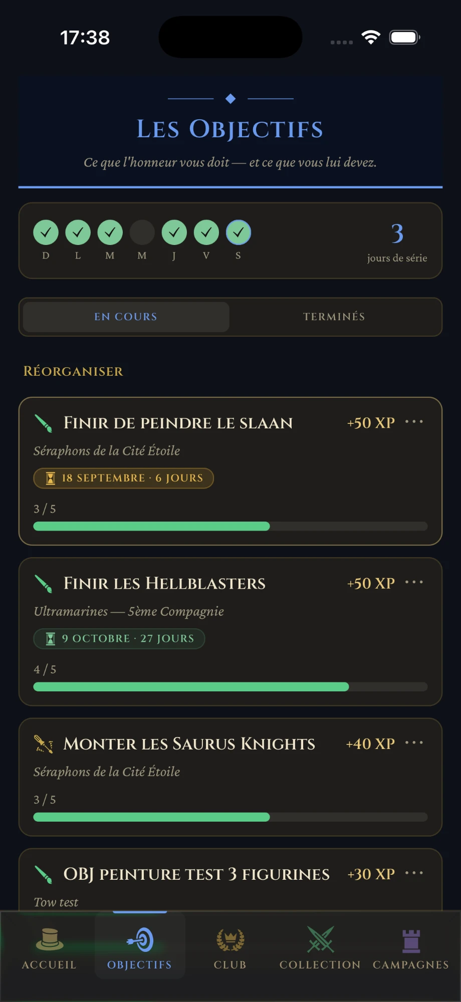 Écran des objectifs : engagements en cours, jauges de progression et série de jours